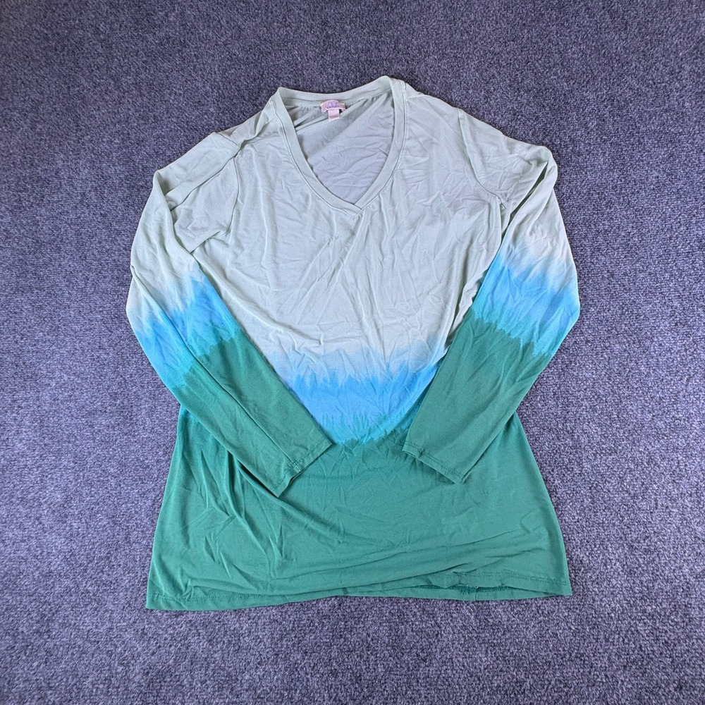 LOGO Layers Lori Goldstein Womens XL Ombre Dip Dye V-Neck Tunic Top Green Blue
